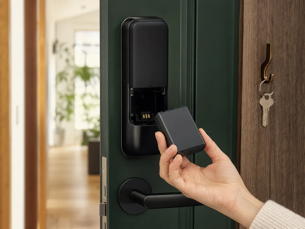 Main tenant un bloc batterie devant le compartiment ouvert d’une serrure connectée intérieure