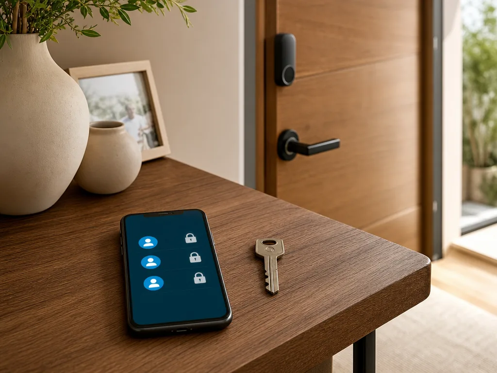 Smartphone affichant des accès invités près d’une clé de secours et d’une serrure connectée intérieure