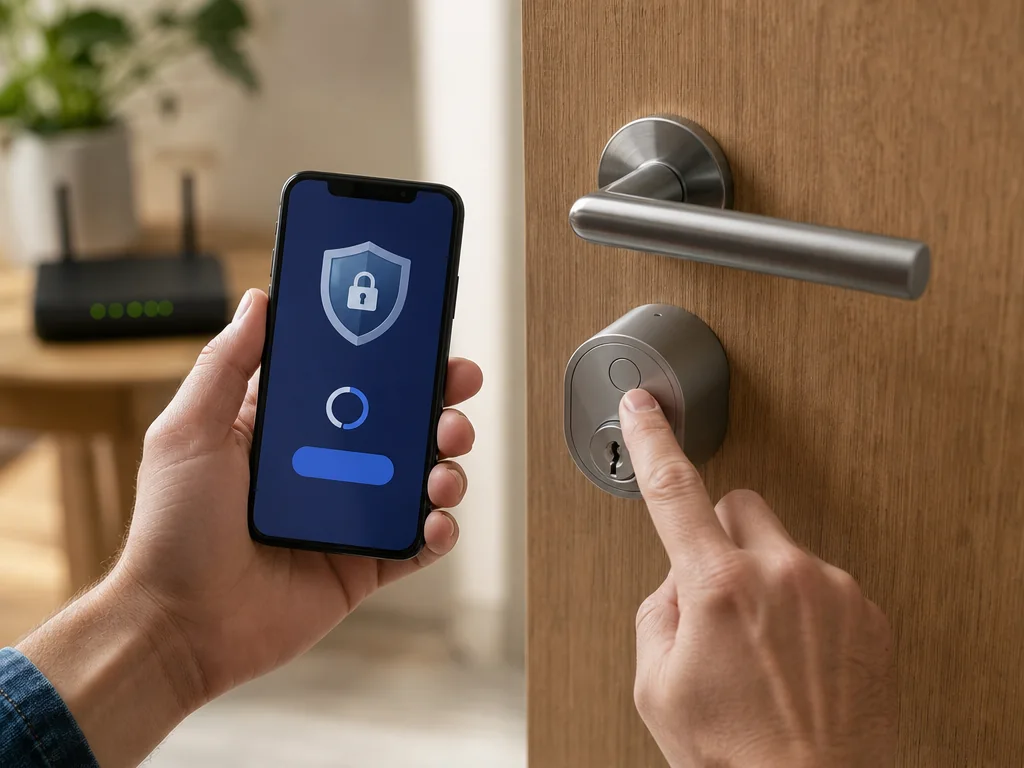 Personne appuyant sur le bouton d’appairage d’une serrure connectée intérieure tout en contrôlant sa sécurité sur un smartphone