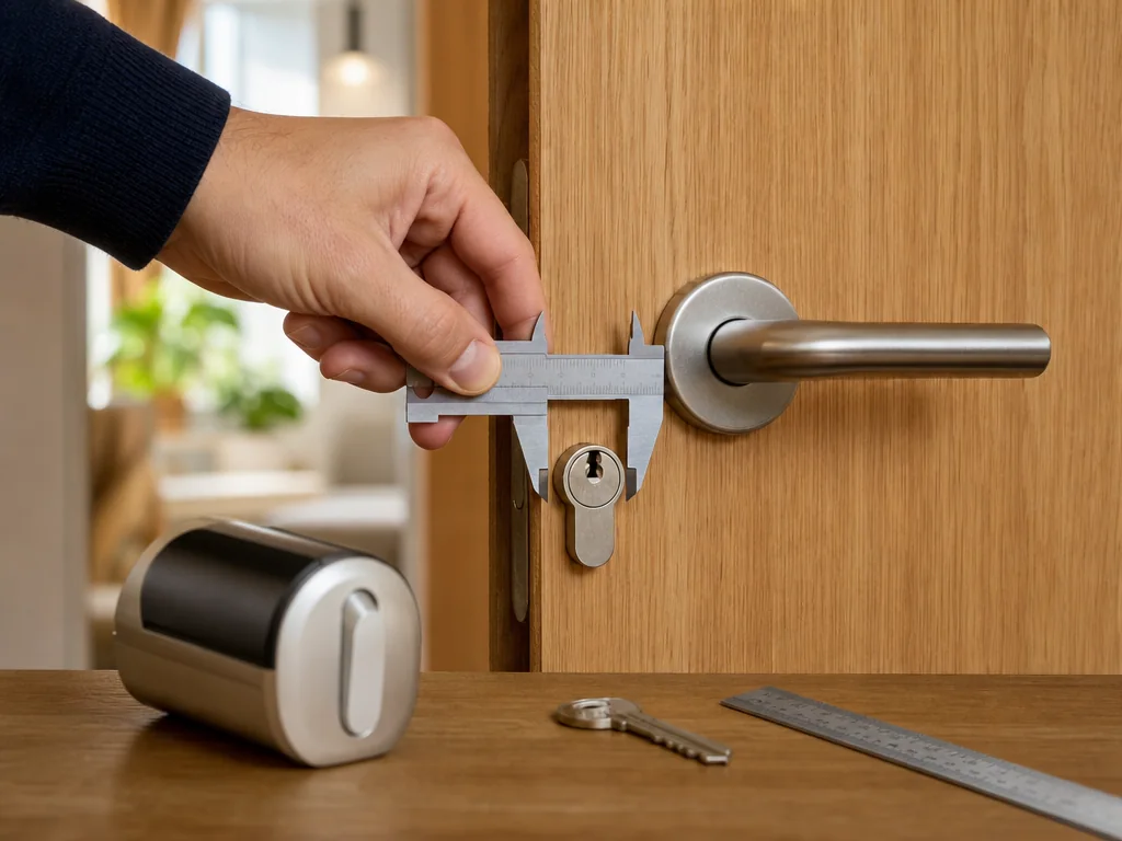 Main mesurant au pied à coulisse le dégagement autour d’un cylindre européen avant la pose d’une serrure connectée