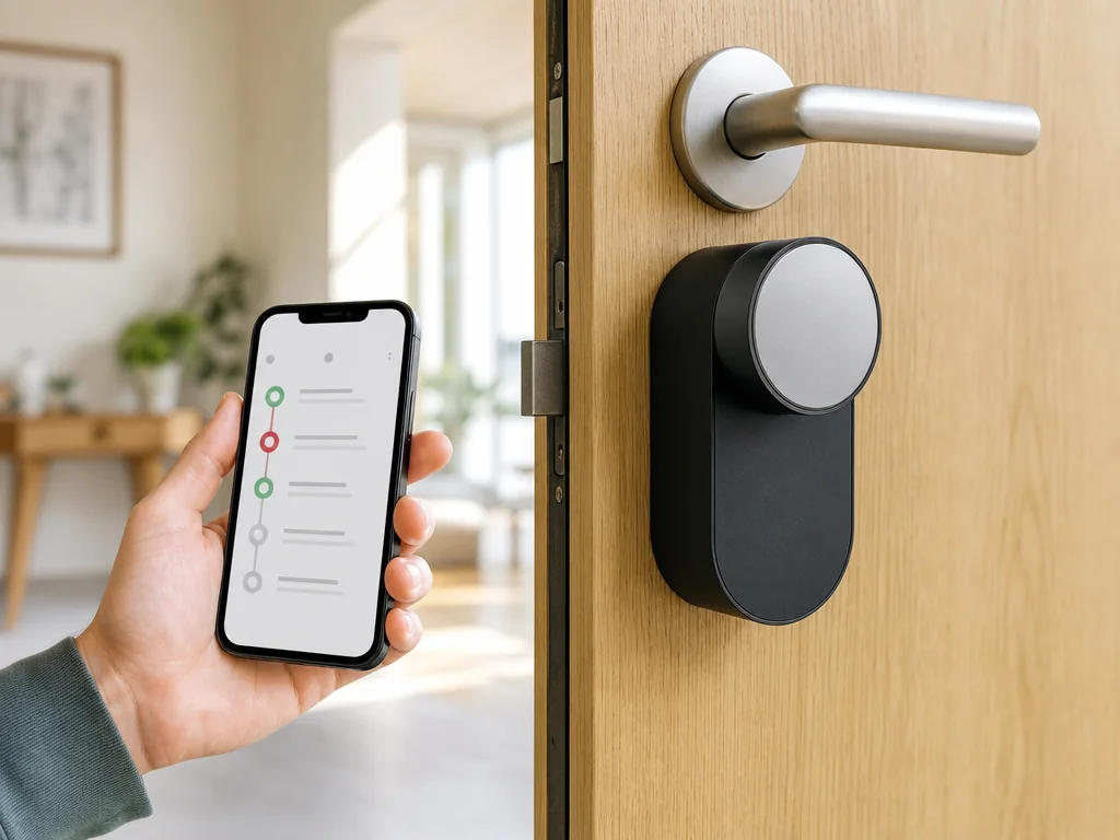 Main consultant sur un smartphone le journal d’ouvertures d’une serrure connectée intérieure sans marque