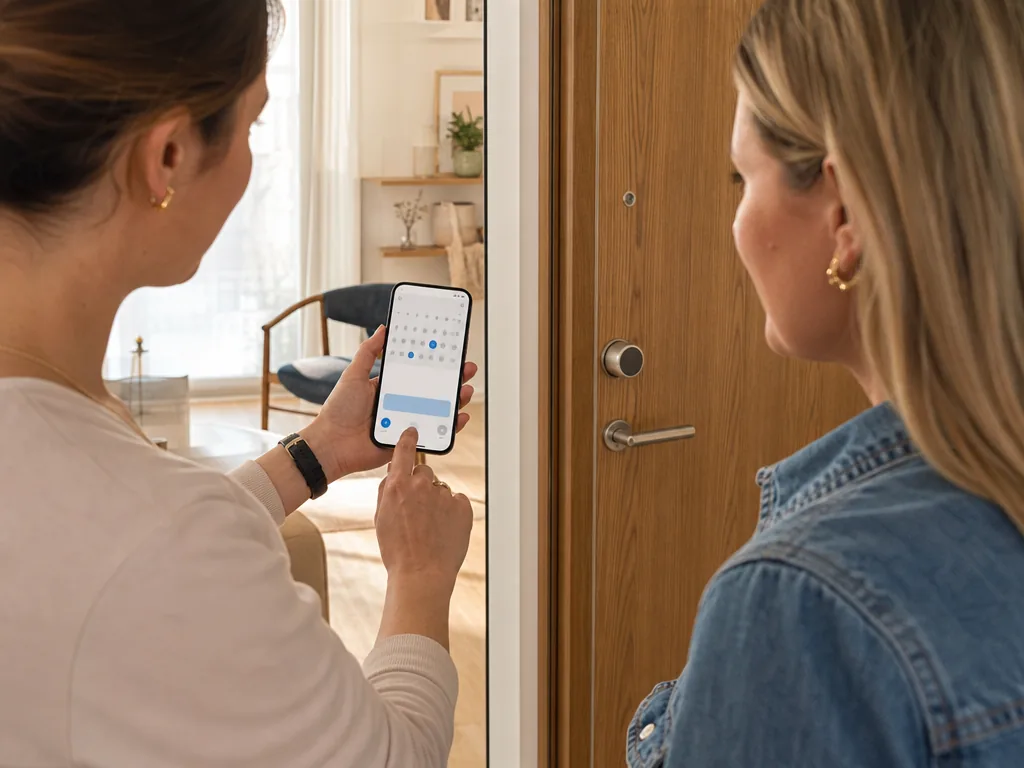Une habitante montre à son invitée la programmation d’un accès temporaire sur smartphone près d’une serrure connectée intérieure