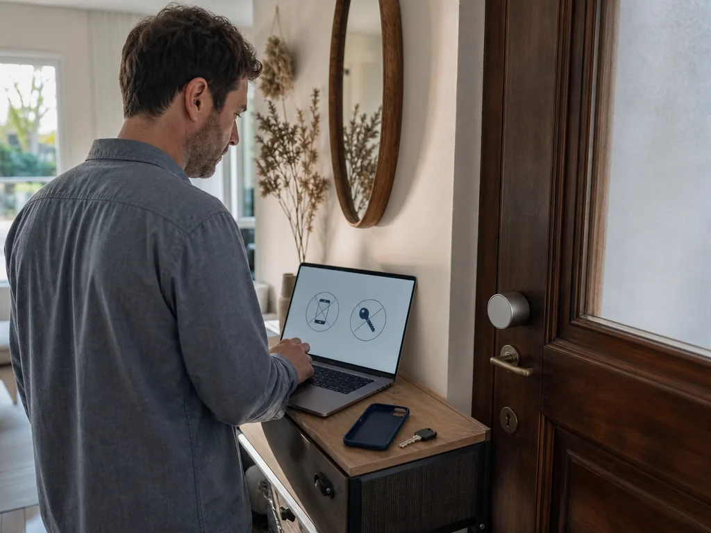 Personne révoquant depuis un ordinateur l’accès d’un téléphone perdu à une serrure connectée intérieure, avec clé de secours