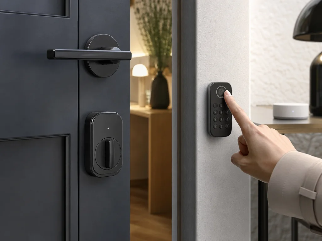 Clavier biométrique et serrure rétrofit sur une porte connectée
