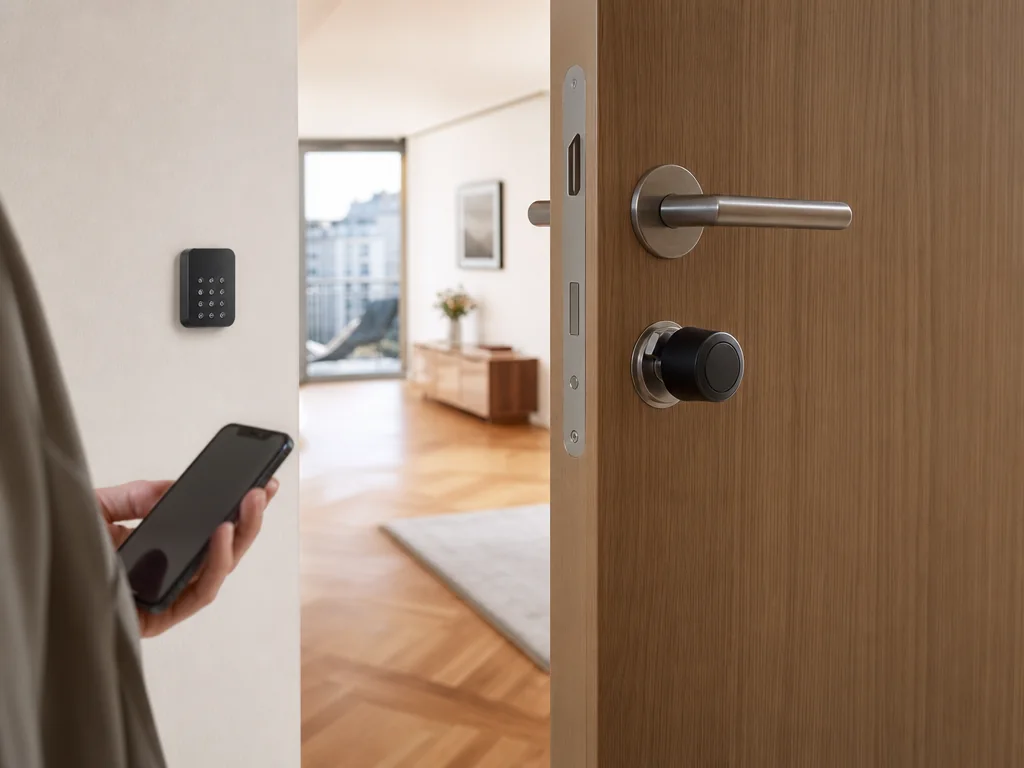 Serrure connectée rétrofit compacte et clavier près d’une porte intérieure